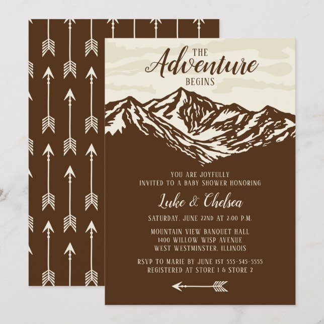 Äventyr börjar den lantliga baby shower för berg inbjudningar (Fram/baksida)
