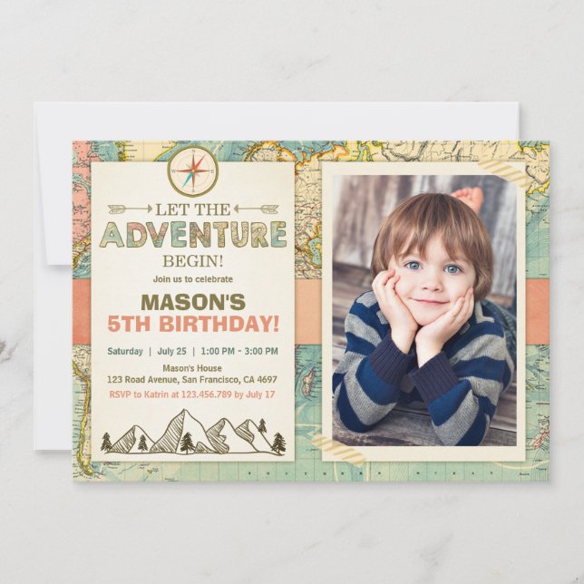 Äventyr börjar födelsedagsinbjudan Resa Karta Inbjudningar (Framsida)