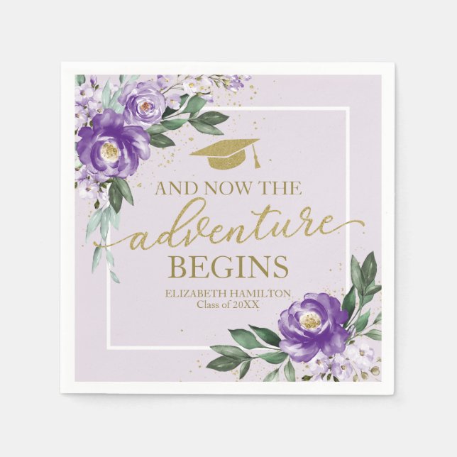 Äventyr börjar Lila Blommigt Grad Party Pappersservett (Framsidan)