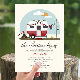Äventyr börjar Lumberjack Camper Baby Shower Inbjudningar