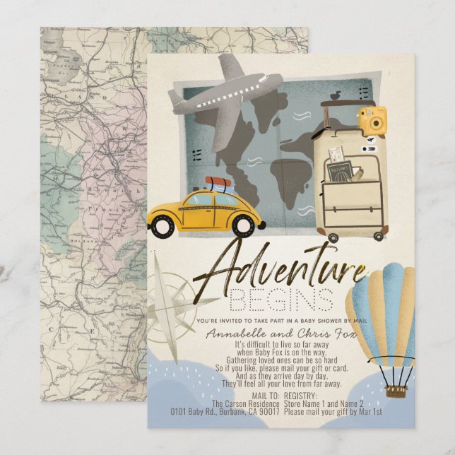 Äventyr börjar resa Karta Baby Shower med post Inbjudningar (Fram/baksida)