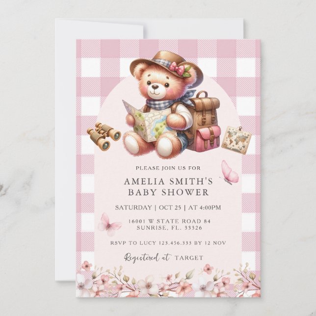Äventyr börjar Rosa Cute Bear Baby Shower Inbjudningar (Framsida)