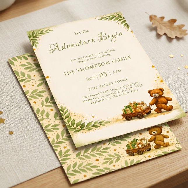 Äventyr Börjar Skogs Björn Salvia Grönska Inbjudningar (Adventure Begin Woodland Bear Sage Greenery Invitation)