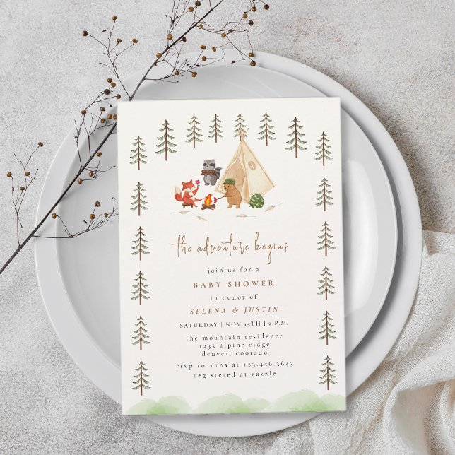 Äventyr börjar träddjursskor babyskor inbjudningar (The Adventure Begins Woodland Animals Baby Shower Invitation)