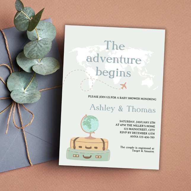 Äventyr börjar världsschemat för babyskor för reso inbjudningar (the adventure begins travel baby shower invitation world map globe travel suit cases eartly tones)