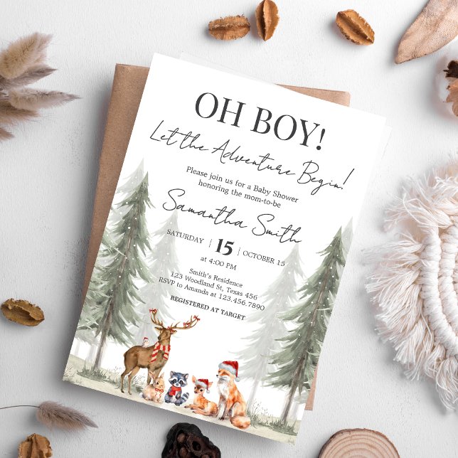 Äventyr Börjar Vinter Skogsbarnsbad Inbjudningar (Adventure Awaits Baby Shower Invitation)