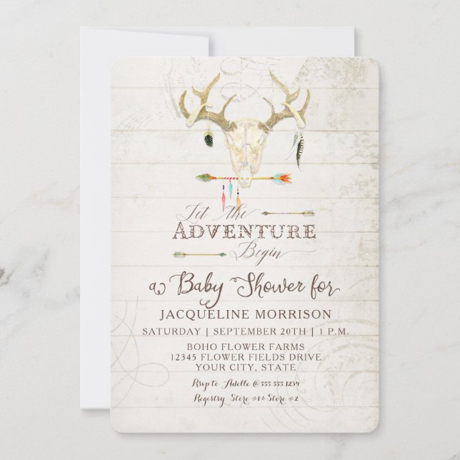 Äventyr Boy Baby Shower Teepee Wood Arrows Hjort Inbjudningar (Framsida)