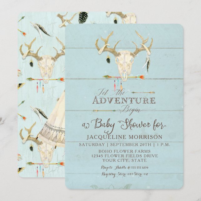 Äventyr Boy Baby Shower Teepee Wood Arrows Hjort Inbjudningar (Fram/baksida)