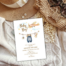 Äventyr Boy Clothesline Airplane Himmel Baby Showe Inbjudningar