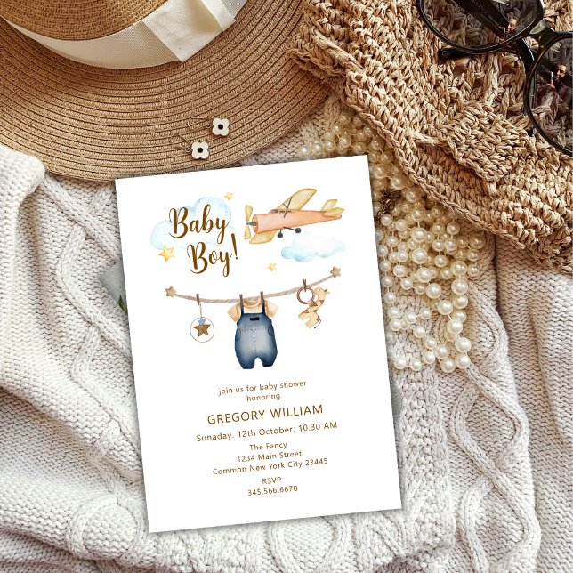 Äventyr Boy Clothesline Airplane Himmel Baby Showe Inbjudningar (Adventure Boy Clothesline Airplane Sky Baby Shower Invitation)