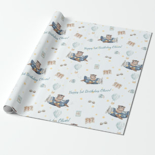 Äventyr Cute Aviation Bear Blue Flygplan Anpassnin Presentpapper