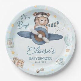 Äventyr Cute Bear Blue Flygplan Oh Boy Shower