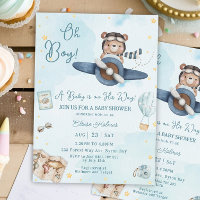 Äventyr Cute Bear Blue Flygplan Oh Boy Shower