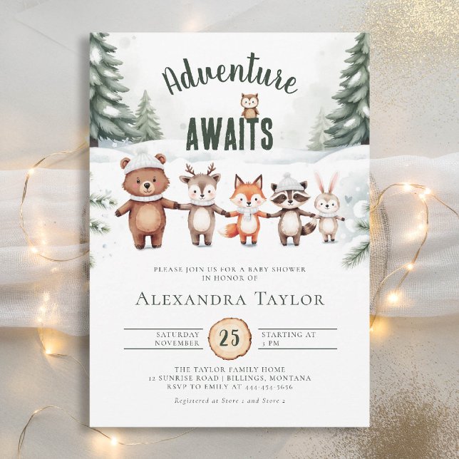 Äventyr Cute Woodland Animals Winter Baby Shower Inbjudningar (winter baby shower invitation adventure awaits woodland animals cute watercolor forest)