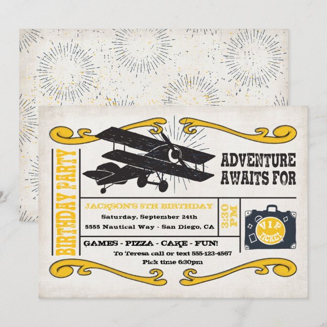 Äventyr flygplan Biljett Födelsedagsfest Inbjudningar (Fram/baksida)