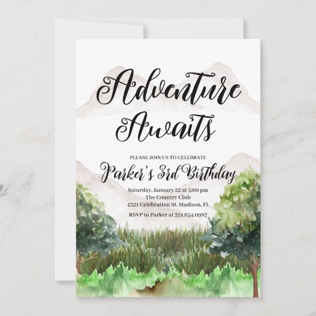 Äventyr födelsedag, camping, berg inbjudningar (Framsida)