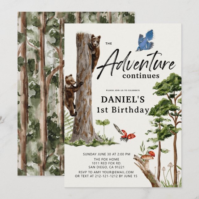 Äventyr fortsätter att föda skog 1:a födelsedag inbjudningar (Fram/baksida)