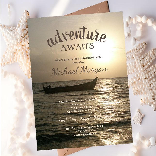 Äventyr, havsytan,Boat Sunset Sea Pension Party Inbjudningar (Skapare uppladdad)