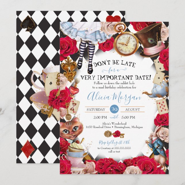 Äventyr i Wonderland Mad Tea Party Birthday Inbjudningar (Fram/baksida)