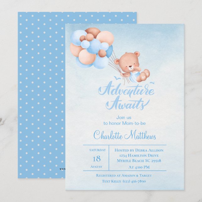 Äventyr inväntar Blue Balloon Baby Shower Inbjudningar (Fram/baksida)