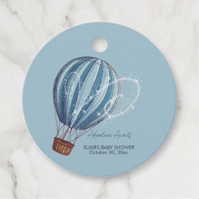 Äventyr inväntar Blue Luftballong Baby Shower Gåvor Etiketter (Framsida)