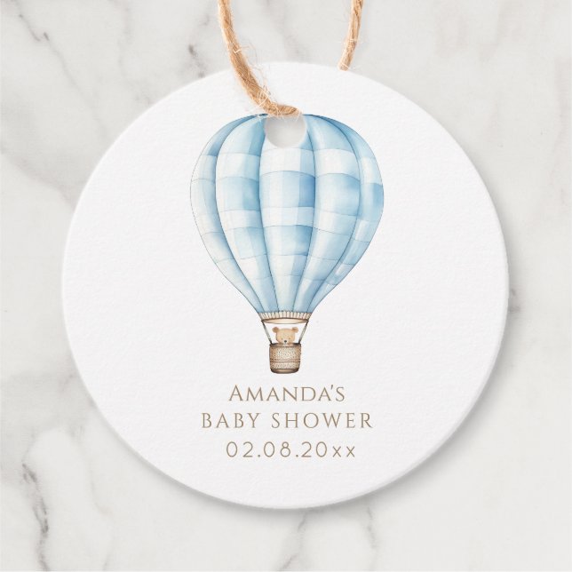 Äventyr inväntar Blue Luftballong Baby Shower Gåvor Etiketter (Framsida)