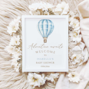 Äventyr inväntar Blue Luftballong Baby Shower Poster