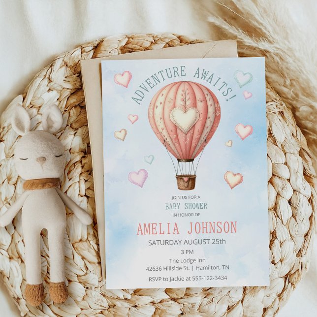 Äventyr inväntar Luftballongens babyskor Inbjudningar (Adventure Awaits Hot Air Balloon Baby Shower Invitation Front)