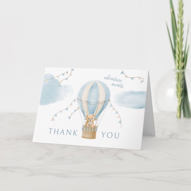 Äventyr inväntar Nalle Ballon Baby Shower Tack Kort (Framsida)