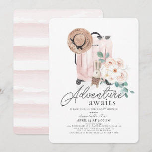 Äventyr inväntar Rosa Suitcase Girl Baby Shower Inbjudningar