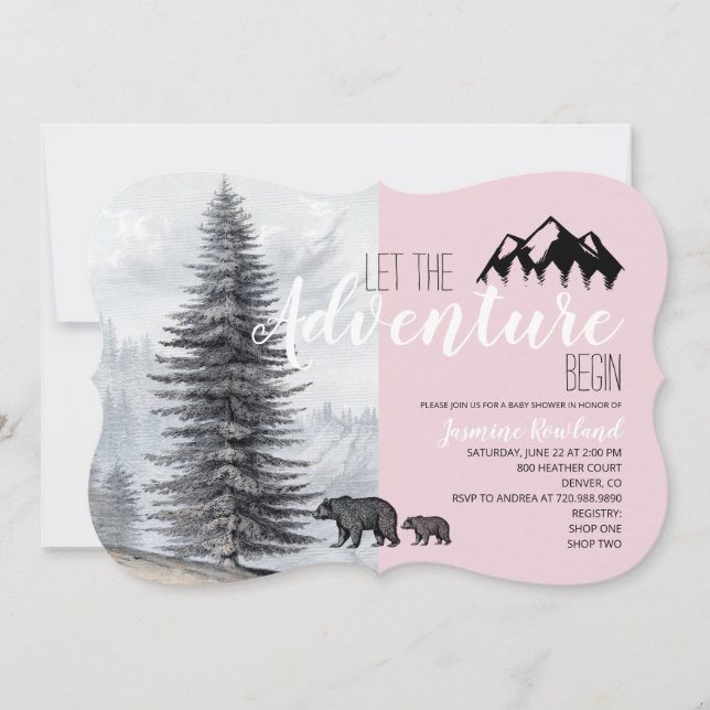 Äventyr inväntar Rosa Woodland Bears Baby Shower Inbjudningar (Framsida)
