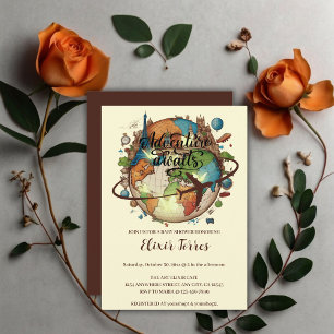 Äventyr inväntar Vintage Globe Baby Shower Inbjudningar
