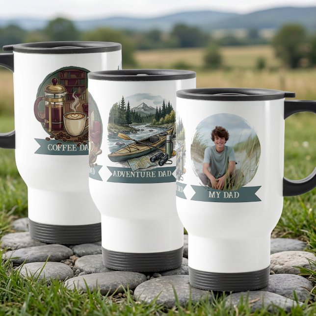 Äventyr och kaffe min pappa foto resemugg (Photo Travel Mug for Adventure Dad from the My Dad Hobby & Photo Gift Collection by Darling & May)