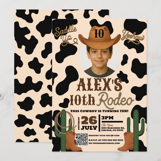 Äventyr på Wild West Rodeo Födelsedagsfest Inbjudningar (Fram/baksida)