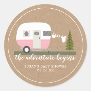 Äventyr Retro Camper Trailer Rosa Baby Shower Runt Klistermärke