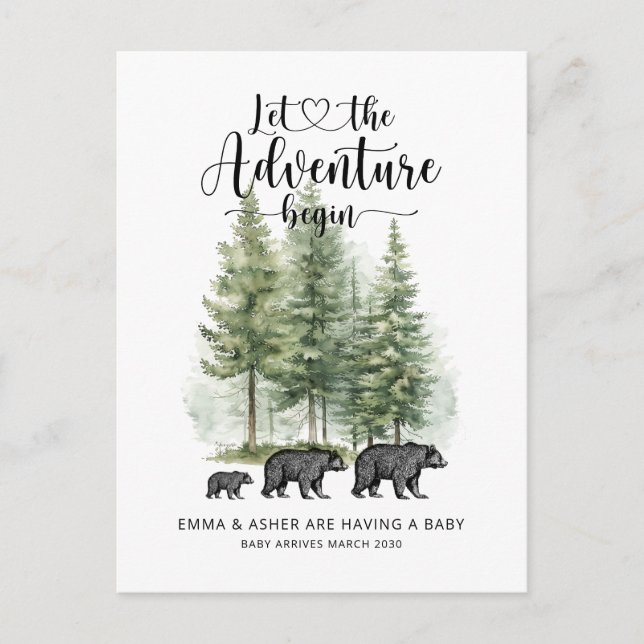 Äventyr Rustic Watercolor Bears Gravid Meddelande Vykort (Framsida)