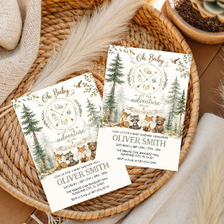 Äventyr Skogs Camping Djur baby shower Inbjudningar