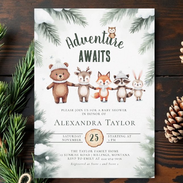 Äventyr Snö Woodland Animals Winter Baby Shower Inbjudningar (winter baby shower invitation adventure awaits woodland animals cute watercolor snow cold forest)