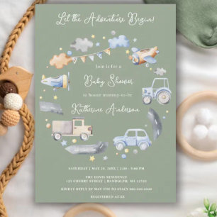Äventyr Transport Boy Baby Shower Inbjudningar