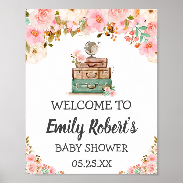 Äventyr Travel Blommigt Greenery Girl Baby Shower Poster (Framsidan)