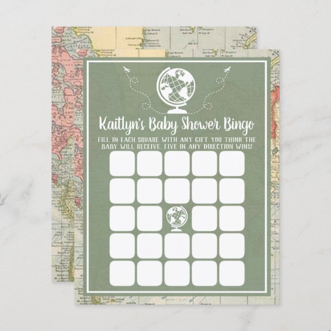 Äventyr Travel Karta Baby Shower Bingo (Fram/baksida)