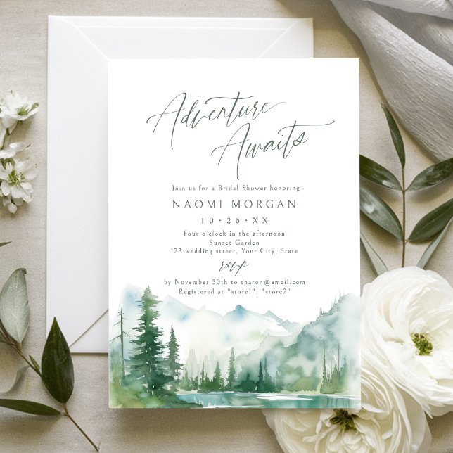 Äventyr Väntar Bergs Rustik Bröllopsdusch Inbjudningar (Adventure Awaits Mountain Rustic Bridal Shower Invitation)