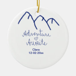 Äventyr väntar blå berg hjärta lägg till namn  julgransprydnad keramik