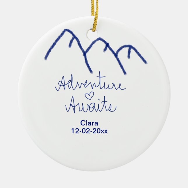 Äventyr väntar blå berg hjärta lägg till namn  julgransprydnad keramik (Framsidan)
