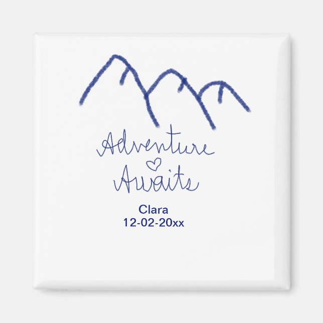 Äventyr väntar blå berg hjärta lägg till namn  magnet (Framsidan)