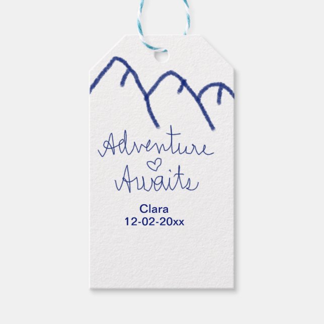 Äventyr väntar blå berg hjärta lägg till namn  presentetikett (Framsidan)