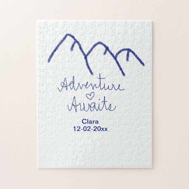 Äventyr väntar blå berg hjärta lägg till namn  pussel (Vertikal)