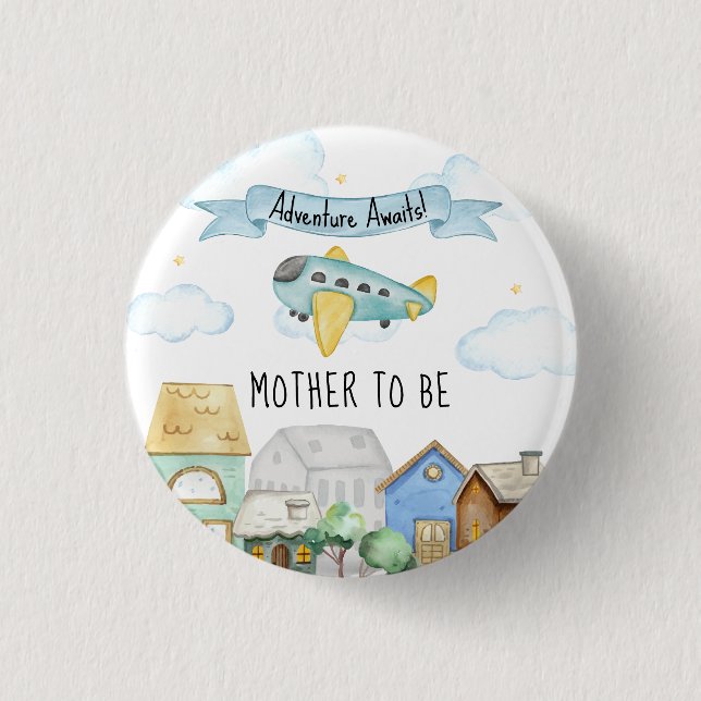 Äventyr väntar blivande mamma flygare baby shower knapp (Framsida)