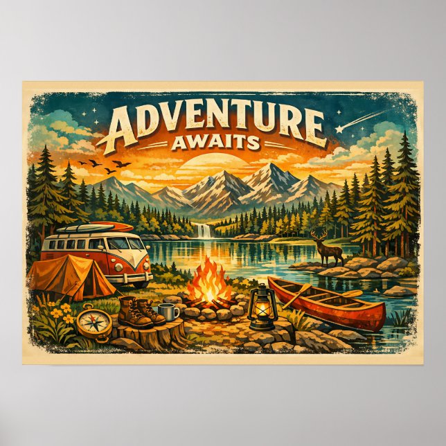 Äventyr Väntar Camping Vildmark Vintage Affisch (Framsidan)