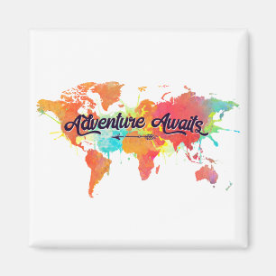 Äventyr väntar citat Vivid Watercolor World Map Magnet